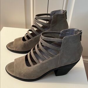 Eileen Fisher Gray Heeled Boots with Straps and Chunky Heel